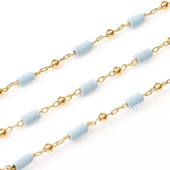 3.28 Feet Handmade Natural Turquoise Beaded Chains, Real 18K Gold Plated Plated Brass Chains, Soldered, Long-Lasting Plated, 4~5x2~2.5mm, Beads: 2mm, Link: 2x1x0.2mm and 2x1.5x0.2mm