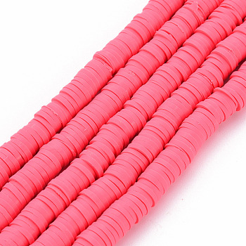 Handmade Polymer Clay Bead Strands, Heishi Beads, Disc/Flat Round, Cerise, 6x0.5~1mm, Hole: 2mm, about 320~447pcs/strand, 15.74 inch~16.92 inch