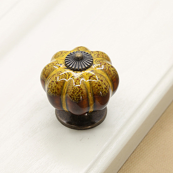 Porcelain Drawer Knob, with Alloy Findings and Screws, Cabinet Pulls Handles for Kitchen Cupboard Door and Bathroom Drawer Hardware, Pumpkin, Gold, 40x40mm