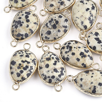Natural Dalmatian Jasper Links connectors, with Brass Findings, Faceted, teardrop, Golden, 27.5x14.5~15x6~6.5mm, Hole: 2mm