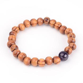 Wood Beaded Stretch Bracelets, with Natural Amethyst Beads, 53mm