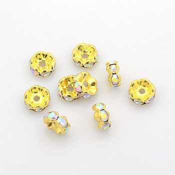 Brass Rhinestone Spacer Beads, Grade A, Rondelle, Golden and Nickel Free, AB Color, Clear AB about 8mm in diameter, 3.8mm thick, hole: 1.5mm