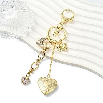 Brass Locket Pendants Keychain, Butterfly, with Iron Rings and Alloy Swivel Clasps, Heart, 155mm