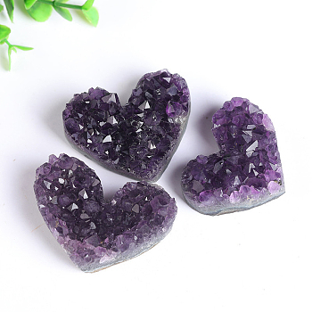 Drusy Natural Amethyst Gemstone Incense Burners, Heart Incense Holders, Home Office Teahouse Zen Buddhist Supplies, 36.5x48.5x22mm