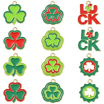 12Pcs 12 Styles Saint Patrick's Day Alloy Enamel Pendants, Light Gold, Clover & Word Luck Charm, Mixed Color, 22~19x20.5x1~1.5mm, Hole: 2mm, 1pc/style