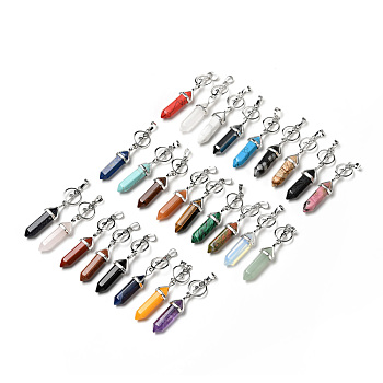 Natural & Synthetic Gemstone with Brass Pendants, Cadmium Free & Lead Free, Bullet Shaped, 65~70mm, Hole: 4.6mm