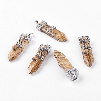 Natural Picture Jasper Big Pendants, with Alloy Findings, Arrow, Platinum, 56~58x16x10mm, Hole: 5x7mm