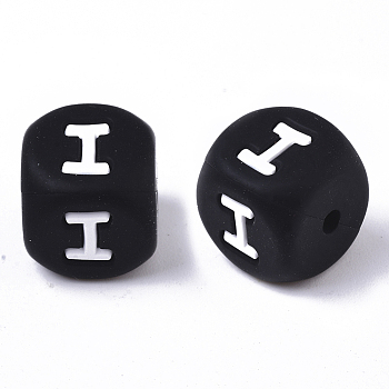 Food Grade Eco-Friendly Silicone Beads, Horizontal Hole, Chewing Beads For Teethers, DIY Nursing Necklaces Making, Cube, Black, Letter.I, 12x12x12mm, Hole: 2mm
