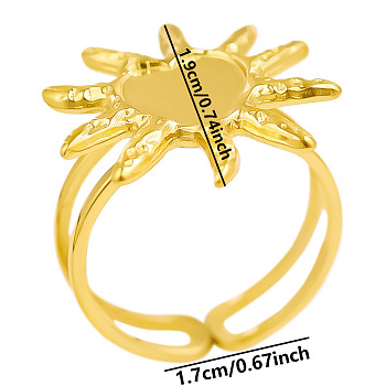 Stylish Sun Shape 304 Stainless Steel Cuff Adjustable Ring for Women, Real 18K Gold Plated, Inner Diameter: 17mm