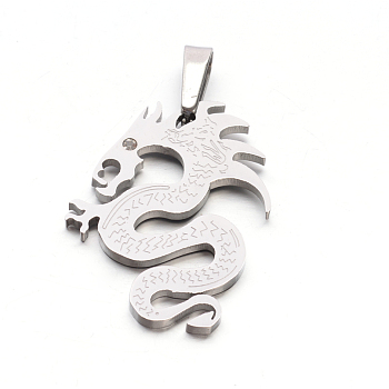 Men's 304 Stainless Steel Rhinestone Dragon Pendants, Stainless Steel Color, 40.5x32x2.5mm, Hole: 4x11mm