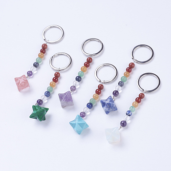 Natural/Synthetic Gemstone Chakra Keychain, with Mixed Stone and Platinum Plated Brass Key Findings, Bola, 96~98mm, Ring: 24x2mm, Bead: 6~7mm, Pendant: 23~25x18~21mm