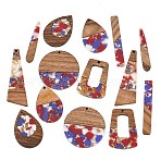 Walnut Wood & Transparent Resin & Gold Foil Pendants, Mixed Shapes Charm, Red, 36.5~57x7.5~38.5x3~3.5mm, Hole: 2mm, about 14pcs/set(WD-CBA583A-06)