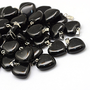 Heart Natural Obsidian Pendants, with Platinum Tone Brass Findings, 17~19x15~16x5~8mm, Hole: 2x7mm(G-Q371-17)