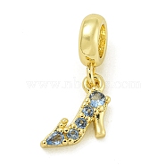 Rack Plating Brass Pave Cornflower Blue Cubic Zirconia High-heeled Shoes European Dangle Charms, Large Hole Pendants, Lead Free & Cadmium Free, Long-Lasting Plated, Real 18K Gold Plated, 22.5mm, Hole: 4.6mm(KK-Z067-57G)