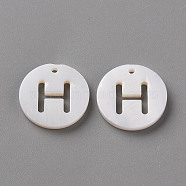 Natural Freshwater Shell Pendants, Flat Round with Letter, Letter.H, 12x1.5mm, Hole: 1mm(SHEL-Q311-008H)