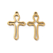 304 Stainless Steel Pendants, Hollow, Cross Charm, Real 18K Gold Plated, 17x10.5x1mm, Hole: 1mm(STAS-H214-17G)