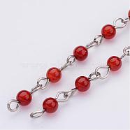 Handmade Natural Carnelian Beaded Chains, Unwelded, for Necklaces Bracelets Making, with Iron Eye Pin, Platinum, 39.37 inch, 1m/strand(AJEW-JB00237-04)