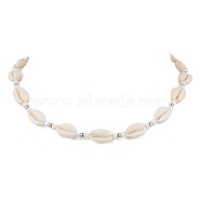 Summber Beach Natural Cowrie Shell Beaded Necklaces, with Alloy Clasps, Platinum, 16.22 inch(41.2cm)(NJEW-JN04783-03)