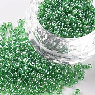 Glass Seed Beads, Trans. Colours Lustered, Round, Green, 2mm, Hole: 1mm, 30000pcs/pound(SEED-A006-2mm-107)