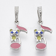 Alloy Kitten European Dangle Charms, with Rhinestone and Enamel, Large Hole Pendants, Musical Note with Cat, Platinum, 29mm, Hole: 4.5x6mm, Musical Note: 21x11x3mm(MPDL-T004-18P)