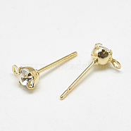 Brass Stud Earring Findings, with Loop, Cubic Zirconia, Clear, Real 18K Gold Plated, 6.5x4mm, Hole: 1mm, Pin: 0.7mm(X-KK-S347-149)