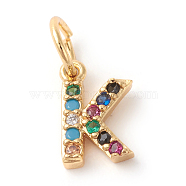 Brass Micro Pave Colorful Cubic Zirconia Charms, Golden, Letter.K, 9x5.5x2mm, Hole: 3mm(X-ZIRC-F092-01-K)