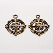 Compass Tibetan Style Alloy Pendants, Lead Free & Nickel Free & Cadmium Free, Antique Bronze, 29x25x2mm, Hole: 3mm, about 588pcs/1000g(PALLOY-K110-25AB-NR)