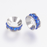 Brass Spacer Beads,  with Grade A Rhinestone, Rondelle, Platinum, Sapphire, 13x4.5mm, Hole: 6.5mm(RB-K050-13mm-B01-05P)