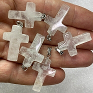 Natural Quartz Crystal Pendants, Rock Crystal Pendants, with Platinum Tone Brass Findings, Cross, 25x18mm(G-PW0006-02P-01)