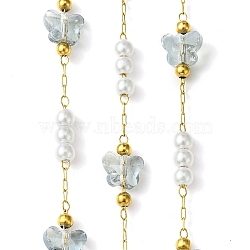 10M Ion Plating(IP) 304 Stainless Steel & ABS Plastic Pearl Bead & Butterfly Glass Link Chains, Soldered, with Spool, Real 18K Gold Plated, Light Steel Blue, Butterfly: 6.5x7.5x5mm, Bead: 4x3.5mm, about 32.81 Feet(10m)/Roll(CHS-G035-04G-02)