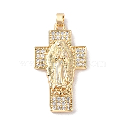 Brass Cubic Zirconia Pendants, Long-Lasting Plated, Cross with Holy Virgin Charms, Golden, Clear, 44x25x6mm, Hole: 6X3mm(KK-Z050-05G-01)