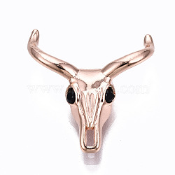 Brass Micro Pave Black Cubic Zirconia Beads, Cattle Skull, Rose Gold, 20x18.5x5mm, Hole: 1.5mm(ZIRC-T004-95RG)