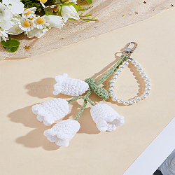 1Pc Flower Alloy Pendant Decorations, with Resin Imitation Pearl and Wool, Lily of the Valley, White, 170mm(KEYC-LP0001-25A)