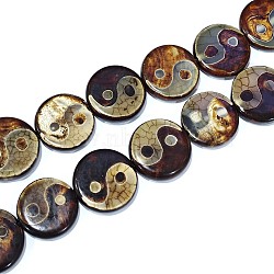 Tibetan Style Yin Yang Pattern dZi Beads Strands, Natural Agate Beads, Dyed & Heated, Flat Round with Yin and Yang, Chocolate, 29~30.5x9~10mm, Hole: 2mm, about 10pcs/strand, 11 inch(TDZI-K003-06A)