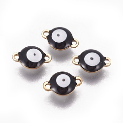 Ion Plating(IP) 304 Stainless Steel Enamel Links connectors, Flat Round with Evil Eye, Golden, Black, 12x8x4mm, Hole: 1.4mm(STAS-F206-02G-B05)