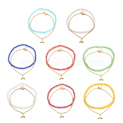 2Pcs 2 Style 304 Stainless Steel Whale Tail Charm Anklets Set, Glass Beads Anklets for Women, Mixed Color, Golden, Inner Diameter: 2-7/8 inch(7.4cm), 1Pc/style(AJEW-AN00492)