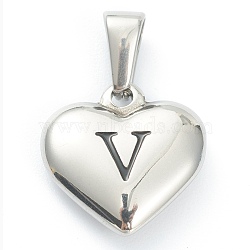 304 Stainless Steel Pendants, Heart with Black Letter, Stainless Steel Color, Letter.V, 16x16x4.5mm, Hole: 7x3mm(STAS-P278-01V-P)