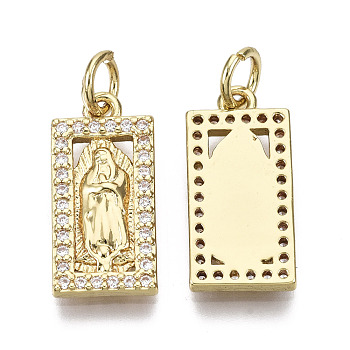 Brass Micro Pave Clear Cubic Zirconia Pendants, Lady of Guadalupe Charms, with Jump Ring, Nickel Free, Rectangle with Virgin Mary, Real 18K Gold Plated, 17x8x2mm, Jump Ring: 5x0.8mm, Inner Diameter:3.4mm