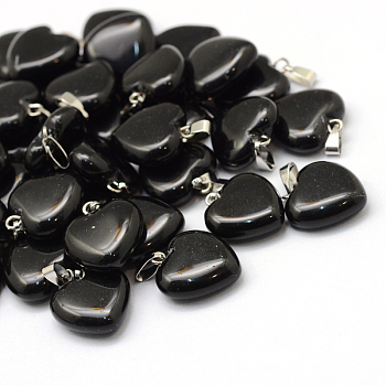 Heart Natural Obsidian Pendants, with Platinum Tone Brass Findings, 17~19x15~16x5~8mm, Hole: 2x7mm