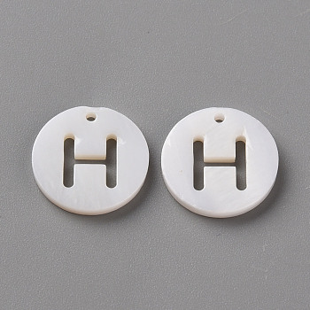 Natural Freshwater Shell Pendants, Flat Round with Letter, Letter.H, 12x1.5mm, Hole: 1mm
