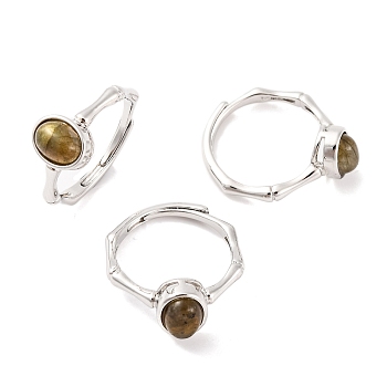 Oval Natural Labradorite Adjustable Rings, Brass Ring for Women, Long-Lasting Plated, Lead Free & Cadmium Free, Platinum, Inner Diameter: 18mm