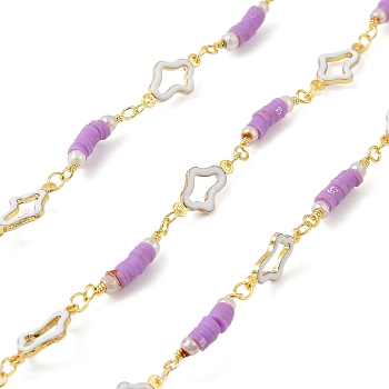 Brass Link Chains, with Enamel and Polymer Clay, Long-Lasting Plated, Golden, Soldered, Cadmium Free & Lead Free, Lead Free & Nickel Free, with Spool, Medium Purple, 3.5~16x3~8x0.5~1.5mm