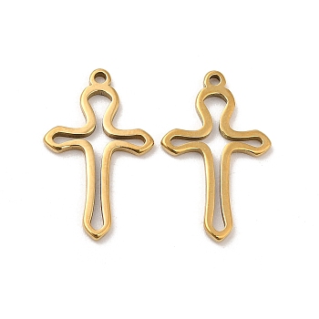 304 Stainless Steel Pendants, Hollow, Cross Charm, Real 18K Gold Plated, 17x10.5x1mm, Hole: 1mm
