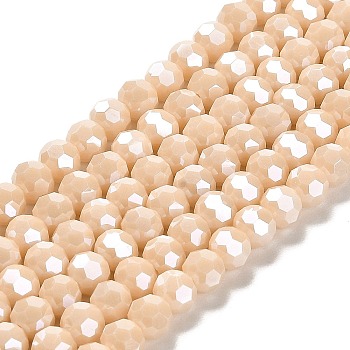 Electroplate Opaque Glass Beads Strands, Faceted(32 Facets), Pearl Luster Plated, Round, PeachPuff, 6mm, Hole: 1mm, about 98~100pcs/strand, 20.39~20.59 inch(51.8~52.3cm)