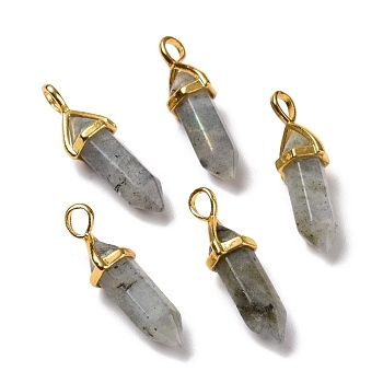 Natural Labradorite Pendants, Faceted, with Golden Tone Brass Findings, Lead free & Cadmium Free, Bullet, 27~30x9~10x7~8mm, Hole: 4x3mm
