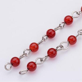 Handmade Natural Carnelian Beaded Chains, Unwelded, for Necklaces Bracelets Making, with Iron Eye Pin, Platinum, 39.37 inch, 1m/strand