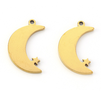 Vacuum Plating 304 Stainless Steel Pendants, Laser Cut, Moon with Star, Golden, 17x12x1mm, Hole: 1.2mm