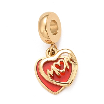 304 Stainless Steel European Dangle Charms, Large Hole Pendants, with Red Enamel, Mother's Day, Heart with Word Mom, Golden, 23mm, Hole: 4mm, Heart: 12x10.5x1~2mm