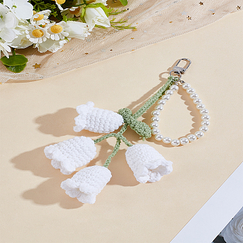 1Pc Flower Alloy Pendant Decorations, with Resin Imitation Pearl and Wool, Lily of the Valley, White, 170mm