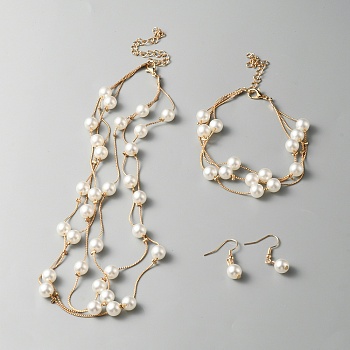 Plastic Imitation Pearl Beaded Stud Earrings & Triple Layer Necklace & Multi-strand Bracelet, Iron Jewelry Set for Women, Light Gold, 13mm, Pin: 0.6mm, 205mm, 103mm